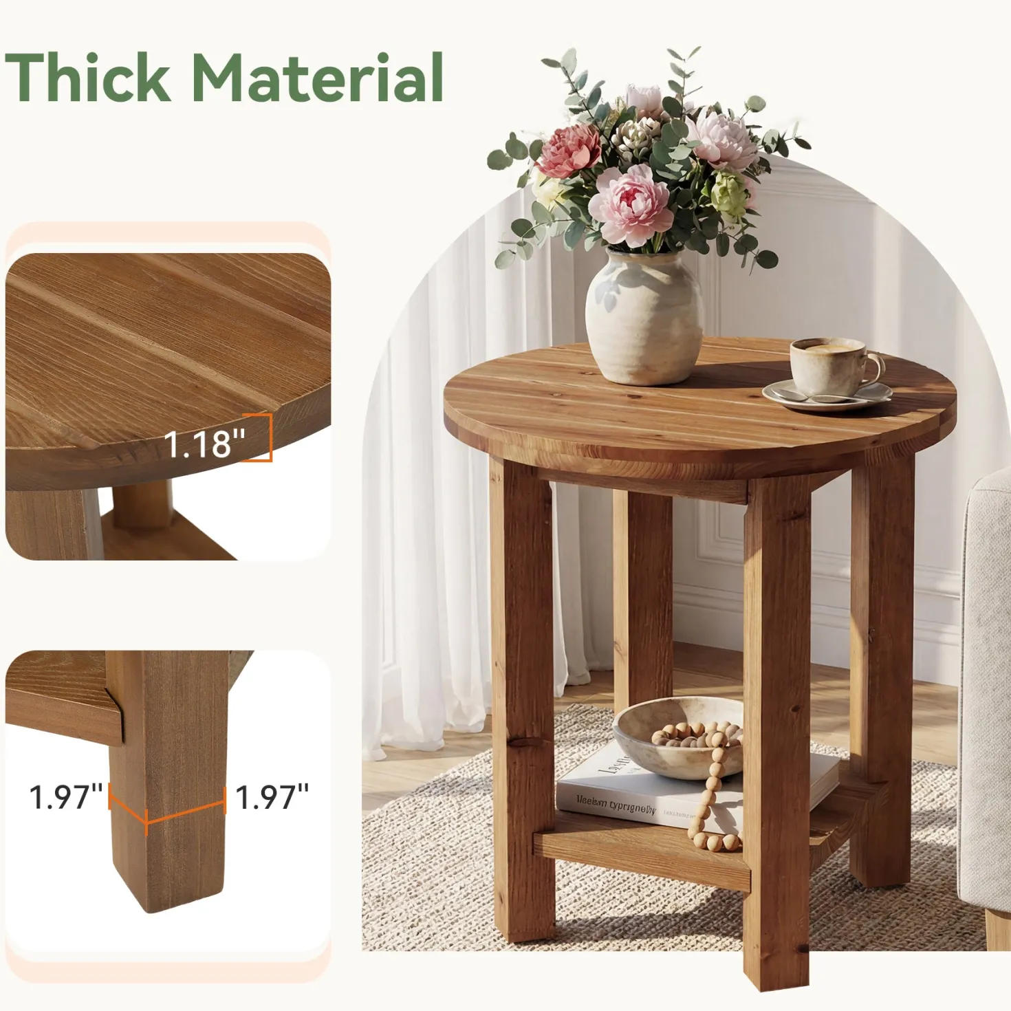 2-Tier End Table, Solid Wood Round Side Table with Grooved Textured Tabletop