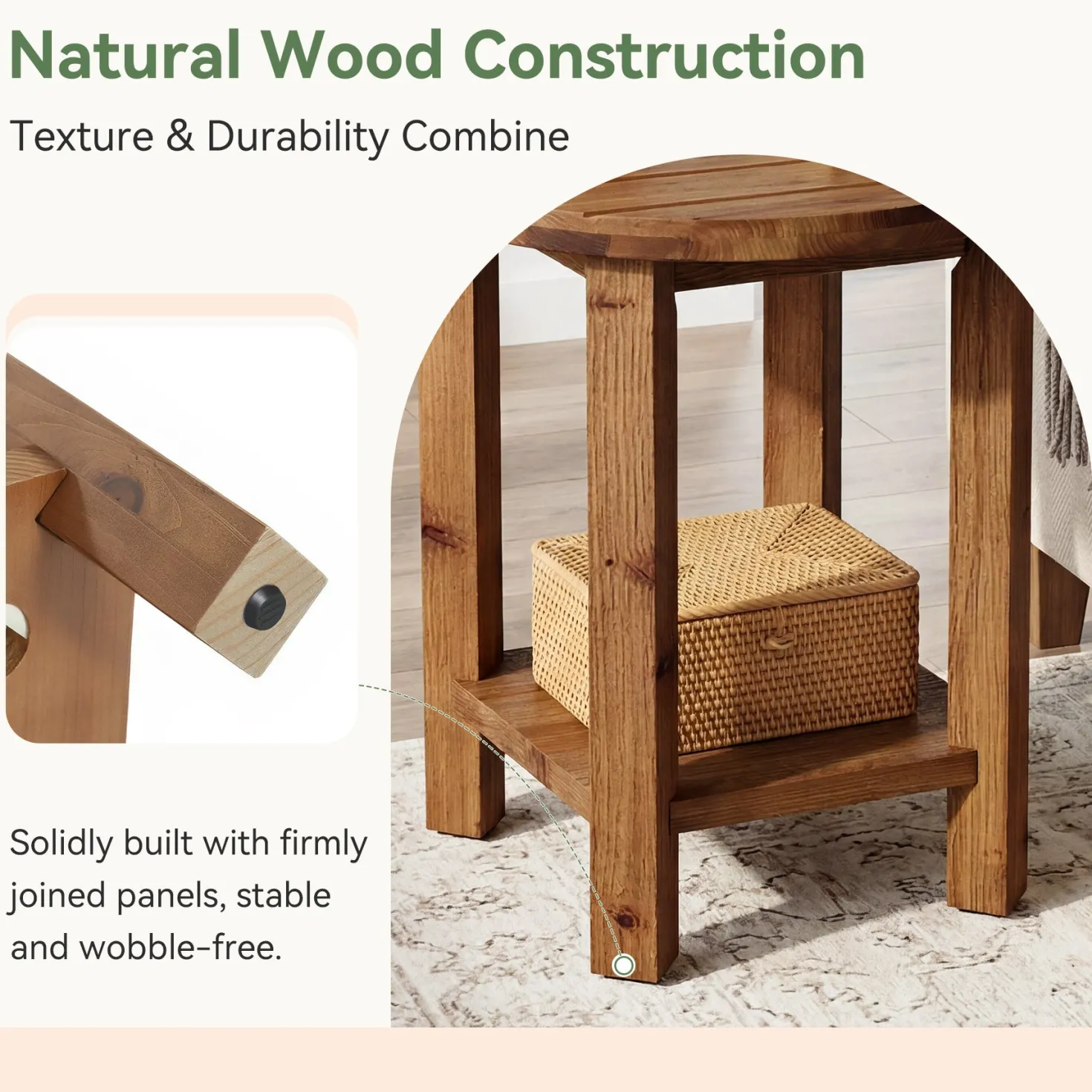 2-Tier End Table, Solid Wood Round Side Table with Grooved Textured Tabletop