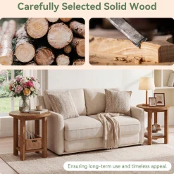 2-Tier End Table, Solid Wood Round Side Table with Grooved Textured Tabletop