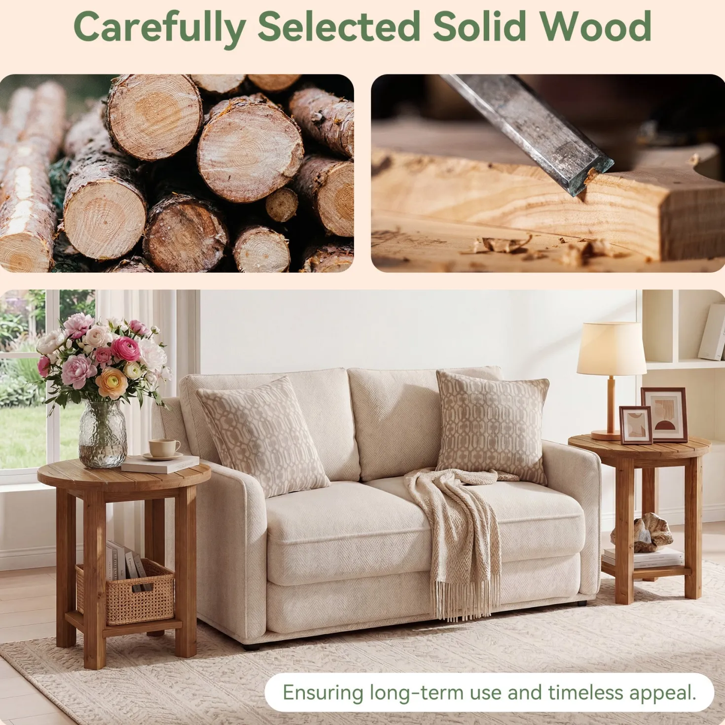 2-Tier End Table, Solid Wood Round Side Table with Grooved Textured Tabletop