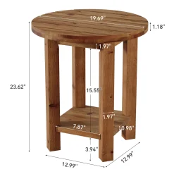 2-Tier End Table, Solid Wood Round Side Table with Grooved Textured Tabletop