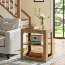 3-Tier End Table with Storage Shelves, Rustic Brown Side Table for Living Room and Bedroom
