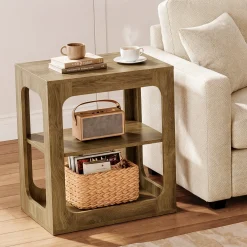 3-Tier End Table with Storage Shelves, Rustic Brown Side Table for Living Room and Bedroom