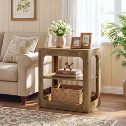 3-Tier End Table with Storage Shelves, Rustic Brown Side Table for Living Room and Bedroom
