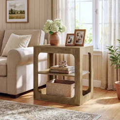 3-Tier End Table with Storage Shelves, Rustic Brown Side Table for Living Room and Bedroom