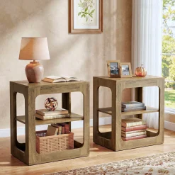 3-Tier End Table with Storage Shelves, Rustic Brown Side Table for Living Room and Bedroom