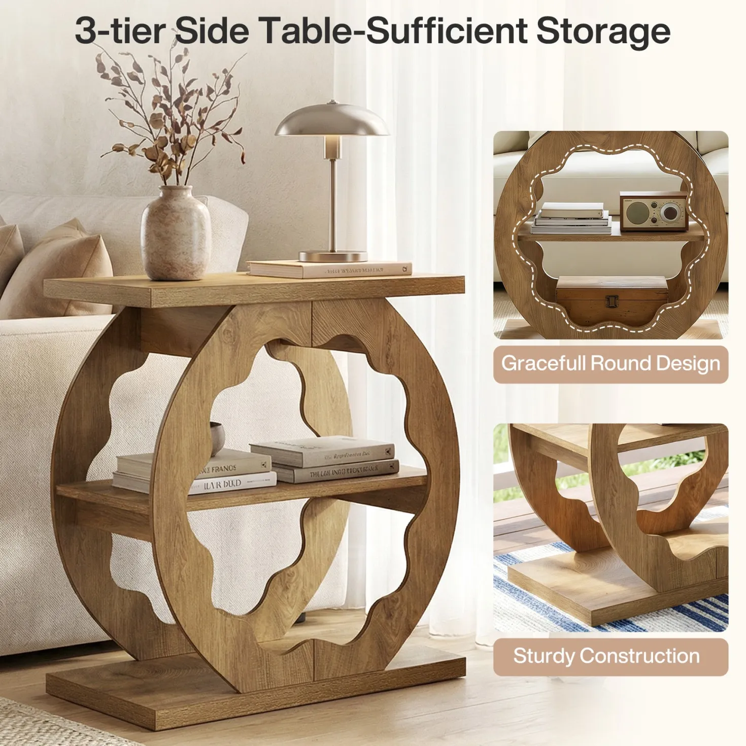 3-Tier End Table with Storage Shelves, Narrow Side Table for Living Room