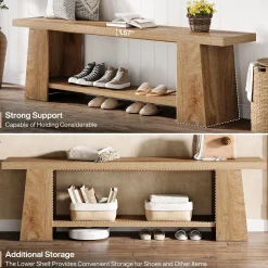 2-Tier Entryway Bench, 59" Shoe Bench End of Bed Bench with Storage Shelves