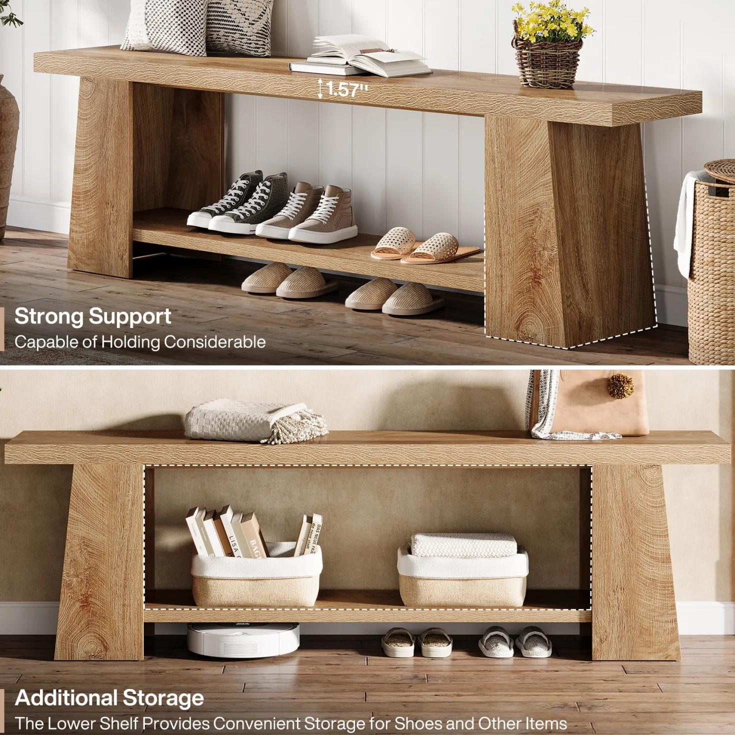 2-Tier Entryway Bench, 59" Shoe Bench End of Bed Bench with Storage Shelves