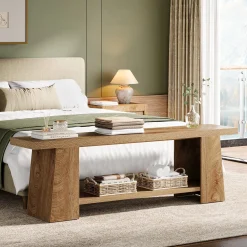 2-Tier Entryway Bench, 59" Shoe Bench End of Bed Bench with Storage Shelves