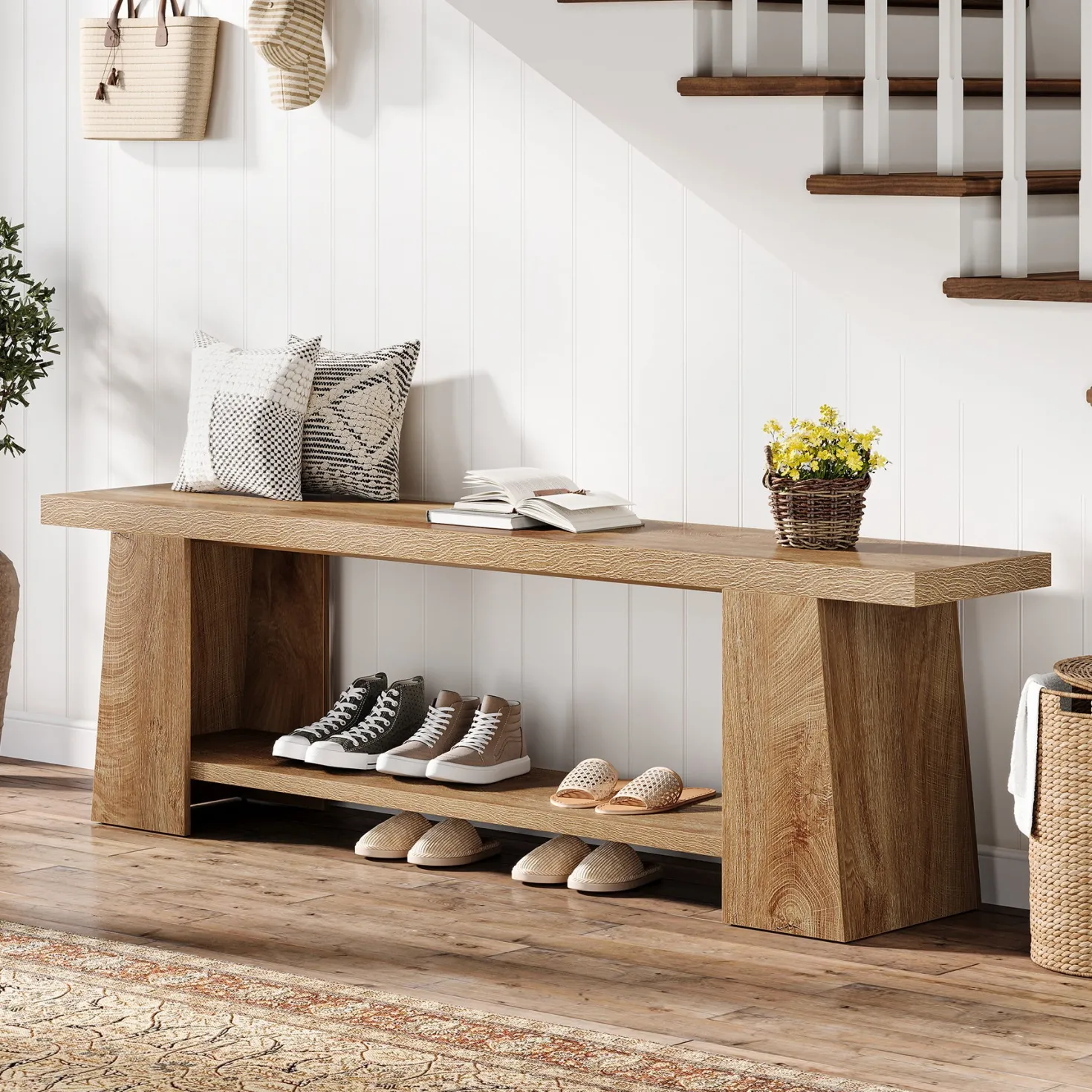 2-Tier Entryway Bench, 59" Shoe Bench End of Bed Bench with Storage Shelves