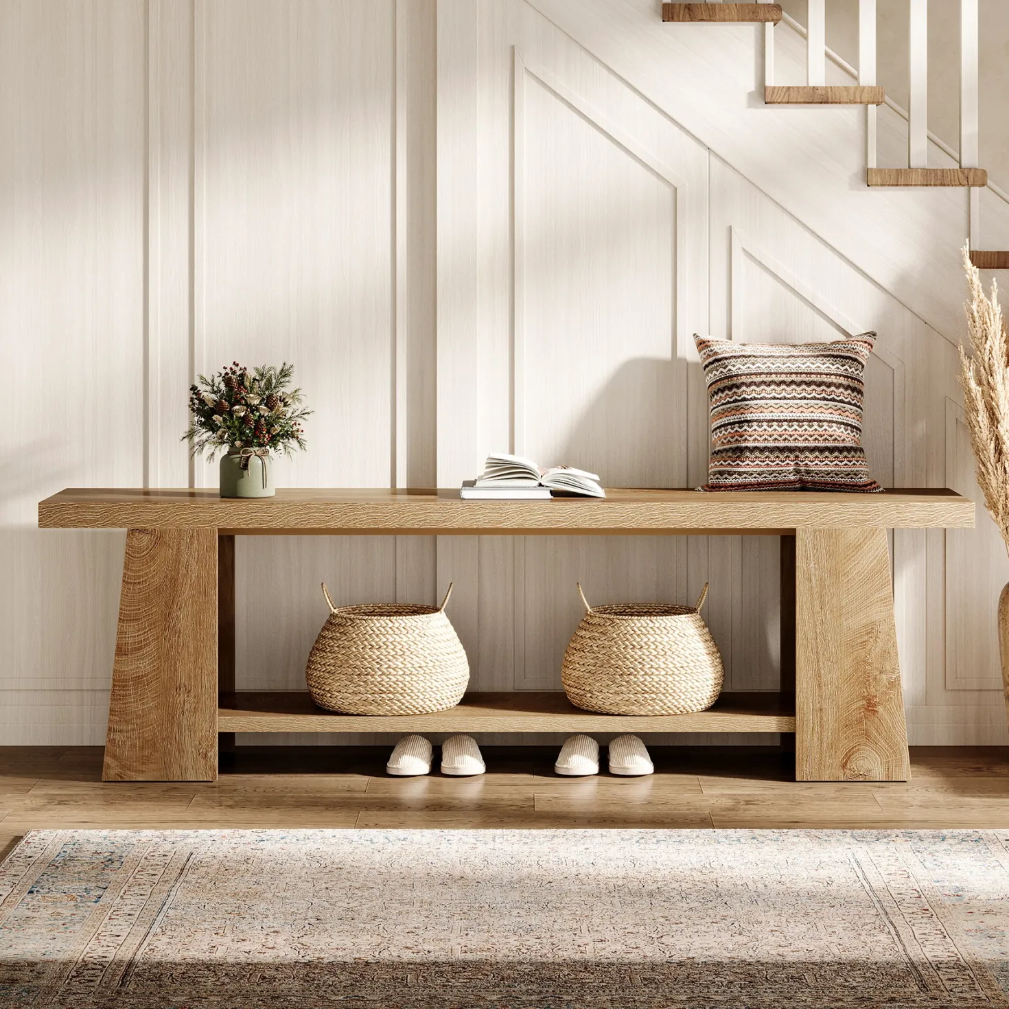 2-Tier Entryway Bench, 59" Shoe Bench End of Bed Bench with Storage Shelves