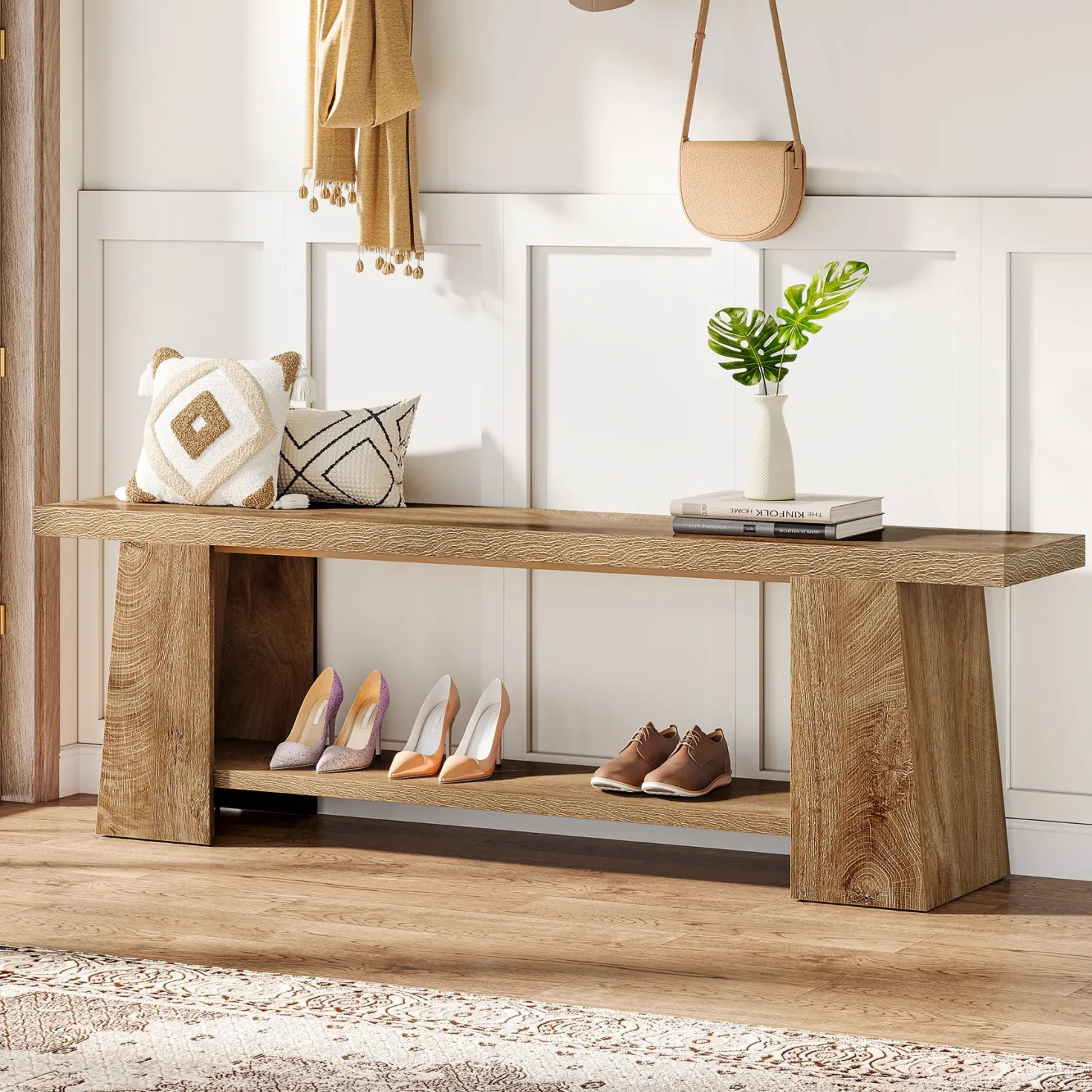 2-Tier Entryway Bench, 59" Shoe Bench End of Bed Bench with Storage Shelves