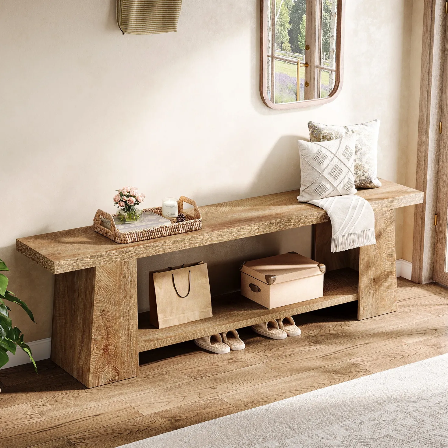 2-Tier Entryway Bench, 59" Shoe Bench End of Bed Bench with Storage Shelves
