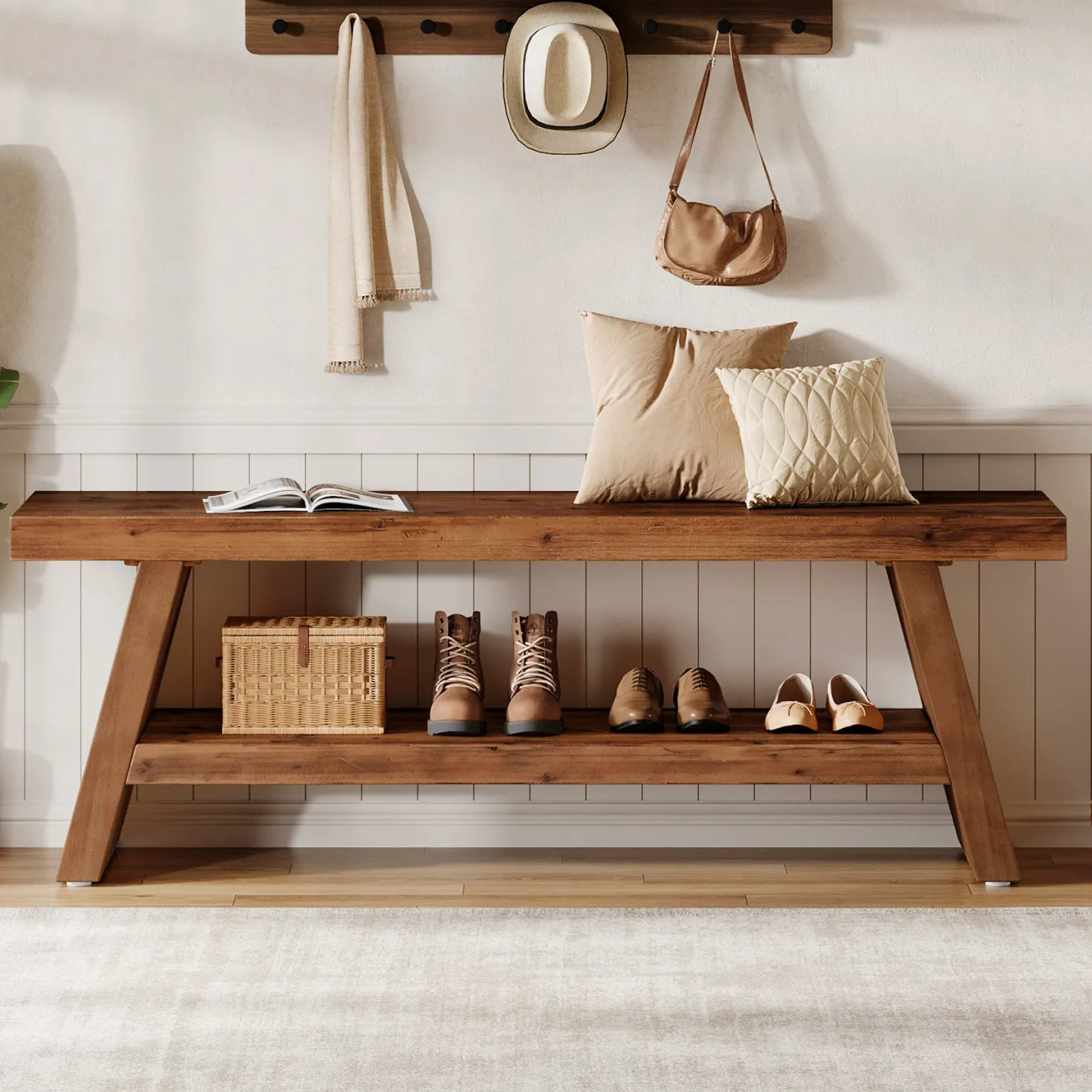 2-Tier Entryway Bench, Solid Wood Shoe Bench with Open Shelves