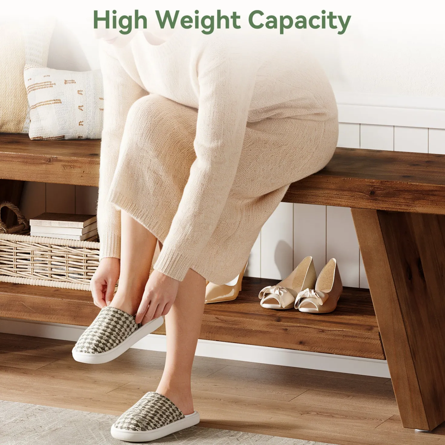 2-Tier Entryway Bench, Solid Wood Shoe Bench with Open Shelves