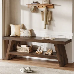 2-Tier Entryway Bench, Solid Wood Shoe Bench with Open Shelves