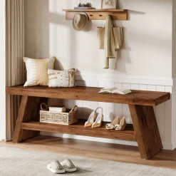 2-Tier Entryway Bench, Solid Wood Shoe Bench with Open Shelves