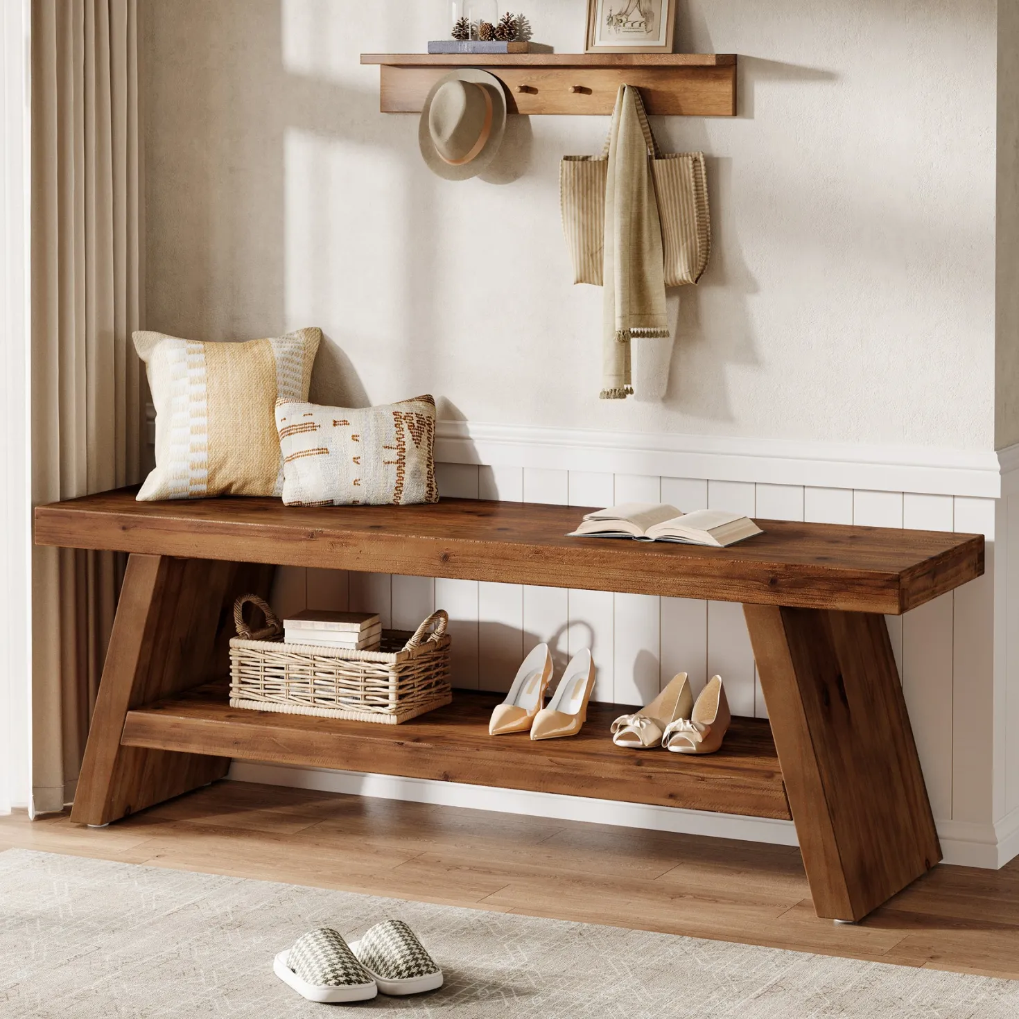 2-Tier Entryway Bench, Solid Wood Shoe Bench with Open Shelves