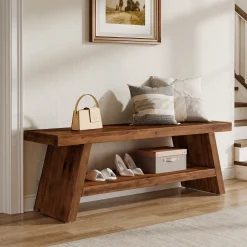2-Tier Entryway Bench, Solid Wood Shoe Bench with Open Shelves