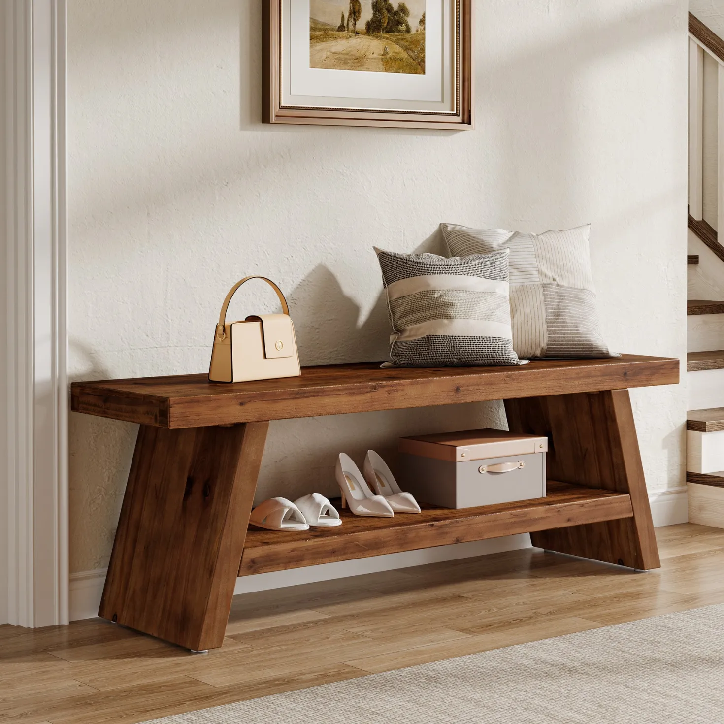 2-Tier Entryway Bench, Solid Wood Shoe Bench with Open Shelves