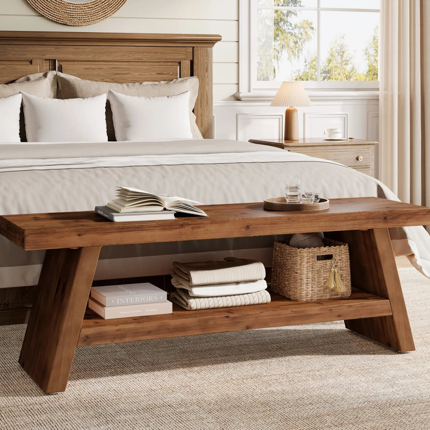 2-Tier Entryway Bench, Solid Wood Shoe Bench with Open Shelves