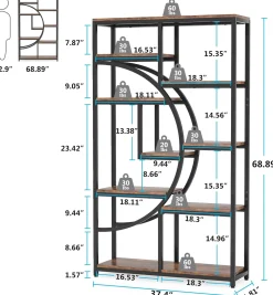 5-Tier Etagere Bookshelf, 68.9" Bookcase with 9 Open Shelves