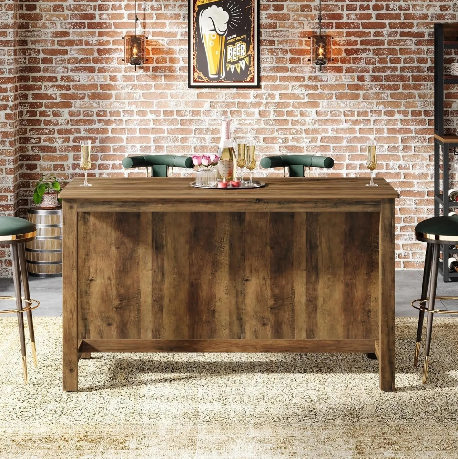 3-Tier Home Bar Table Unit, 59" Counter Height Pub Table with Storage Shelves