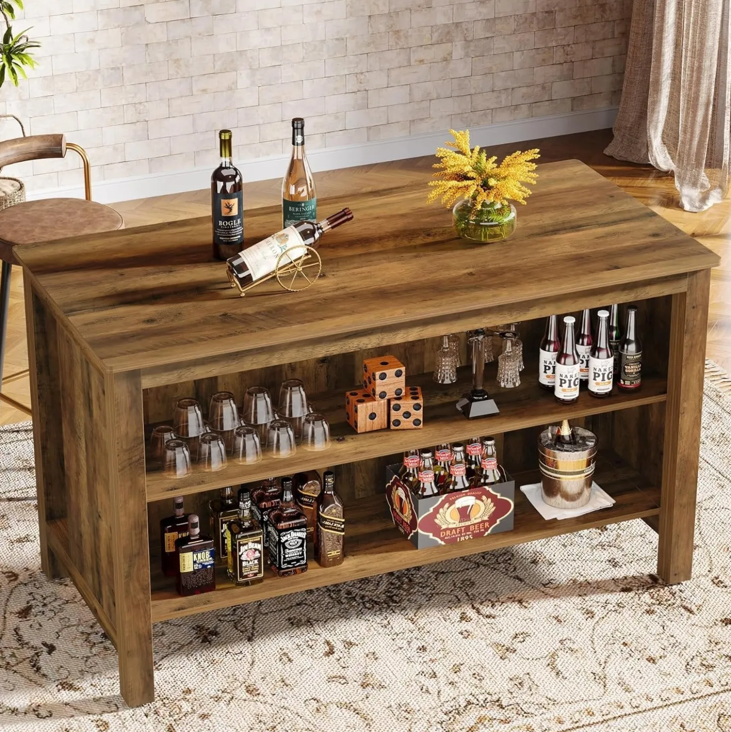 3-Tier Home Bar Table Unit, 59" Counter Height Pub Table with Storage Shelves