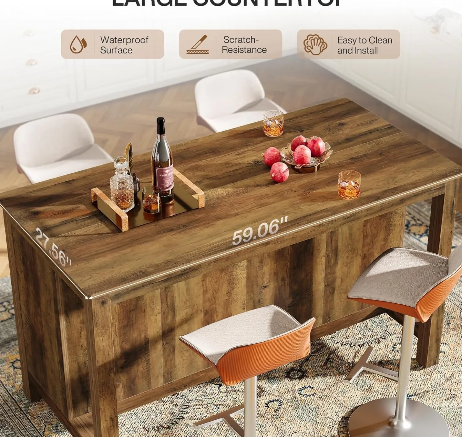 3-Tier Home Bar Table Unit, 59" Counter Height Pub Table with Storage Shelves