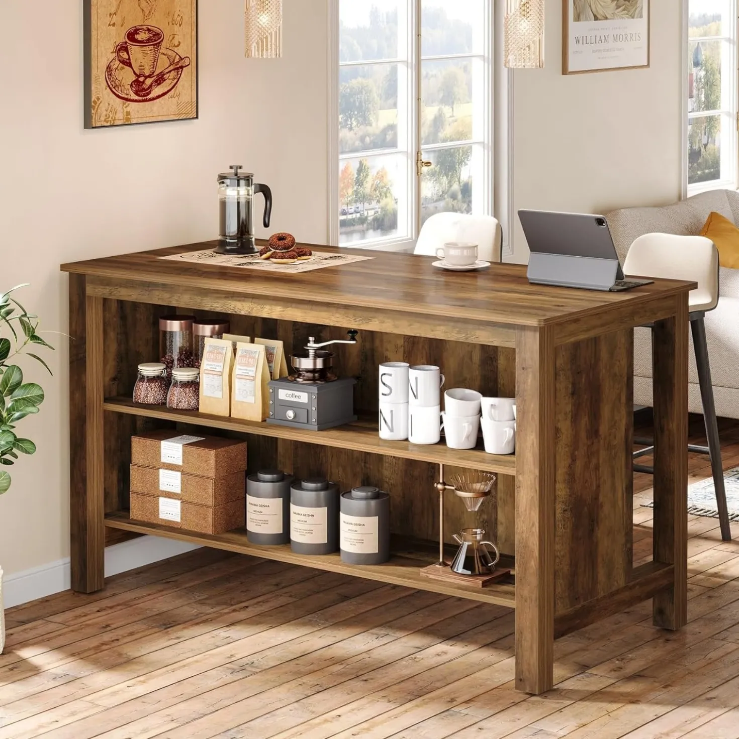 3-Tier Home Bar Table Unit, 59" Counter Height Pub Table with Storage Shelves