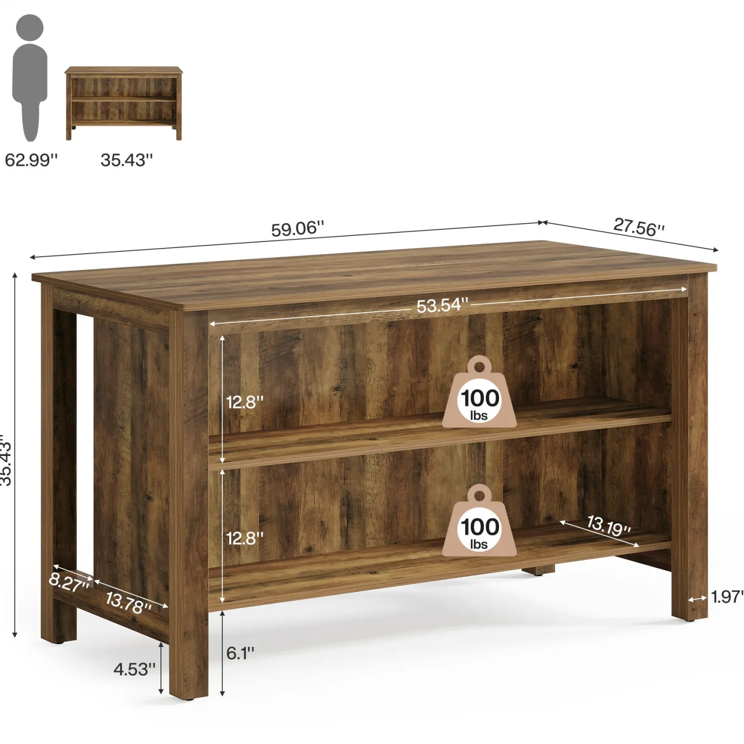 3-Tier Home Bar Table Unit, 59" Counter Height Pub Table with Storage Shelves