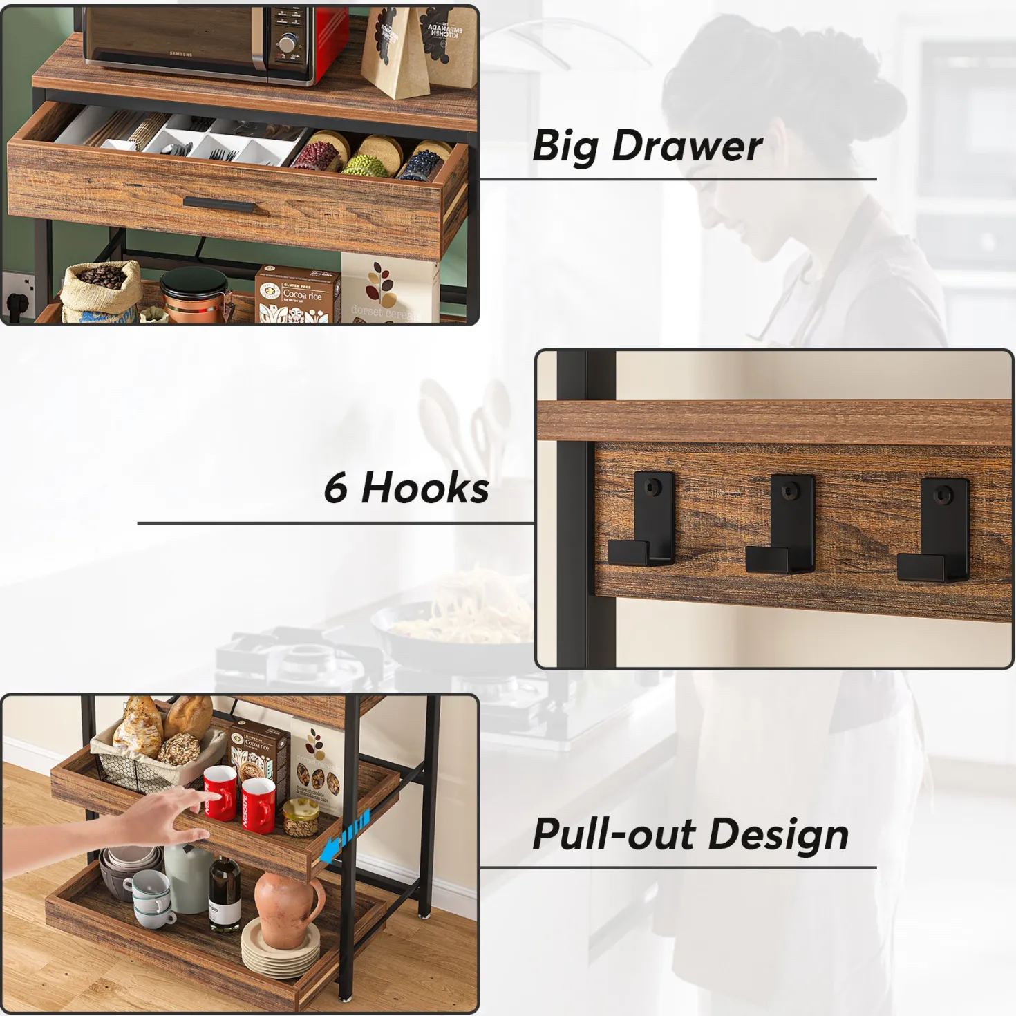 5-Tier Kitchen Baker's Rack with Power Outlets, Drawer & Sliding Shelves