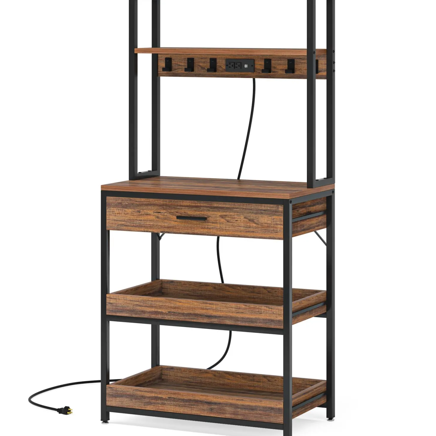 5-Tier Kitchen Baker's Rack with Power Outlets, Drawer & Sliding Shelves