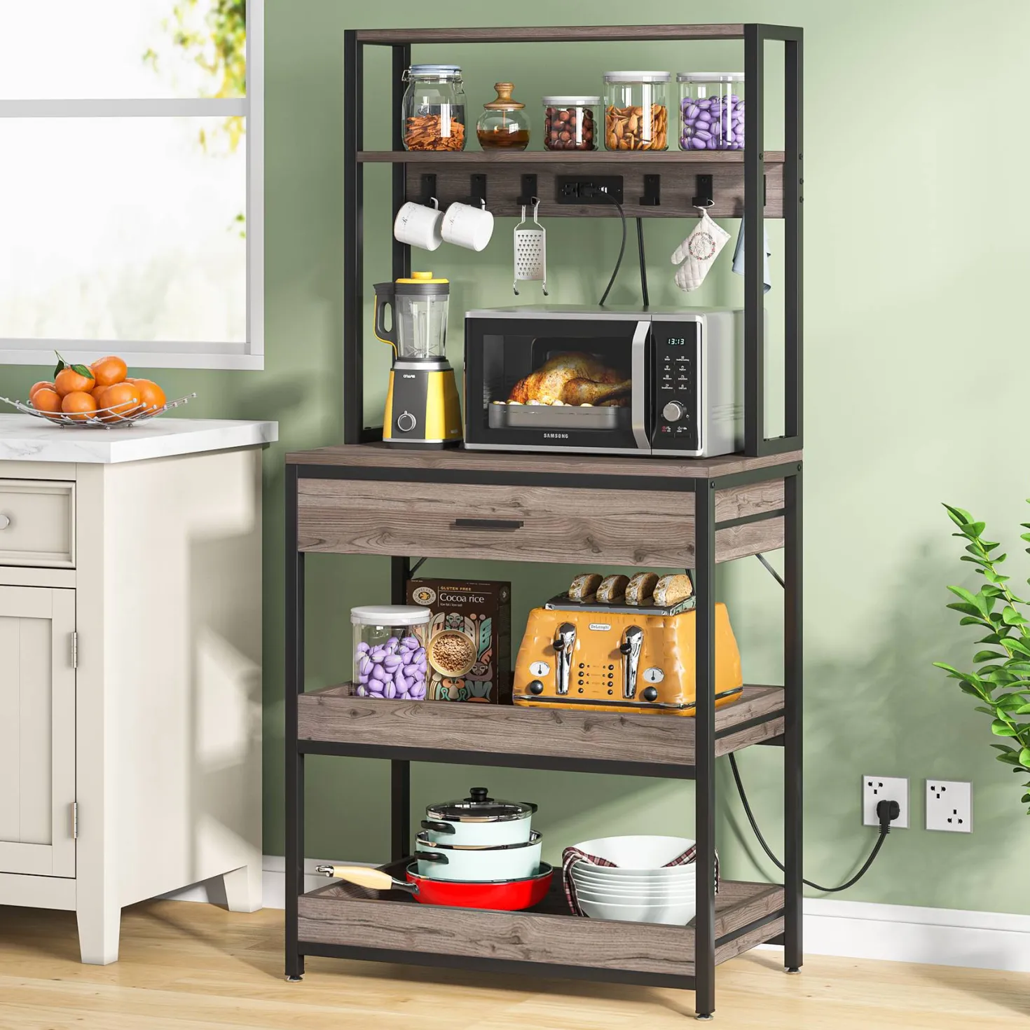 5-Tier Kitchen Baker's Rack with Power Outlets, Drawer & Sliding Shelves