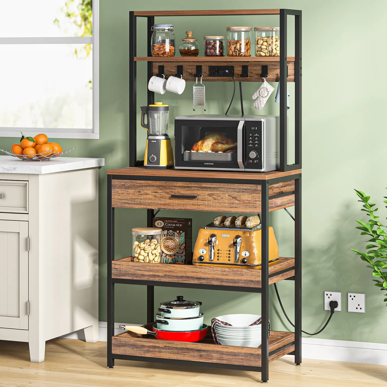 5-Tier Kitchen Baker's Rack with Power Outlets, Drawer & Sliding Shelves