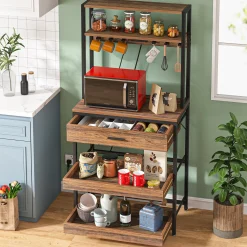 5-Tier Kitchen Baker's Rack with Power Outlets, Drawer & Sliding Shelves
