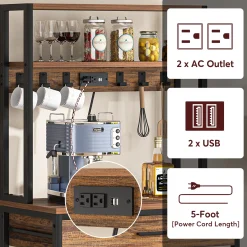 5-Tier Kitchen Baker's Rack with Power Outlets, Drawer & Sliding Shelves