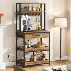 5-Tier Kitchen Baker's Rack with Power Outlets, Drawer & Sliding Shelves