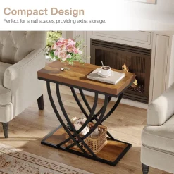 2-Tier Narrow End Table, 23.62" Side Table with Metal Frame for Living Room