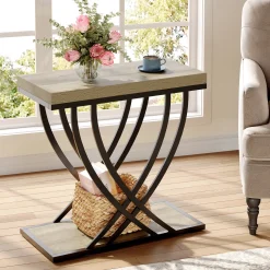 2-Tier Narrow End Table, 23.62" Side Table with Metal Frame for Living Room
