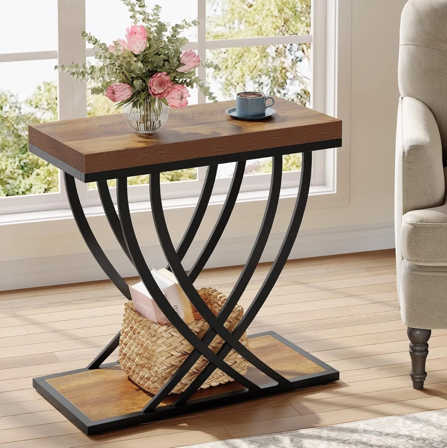 2-Tier Narrow End Table, 23.62" Side Table with Metal Frame for Living Room