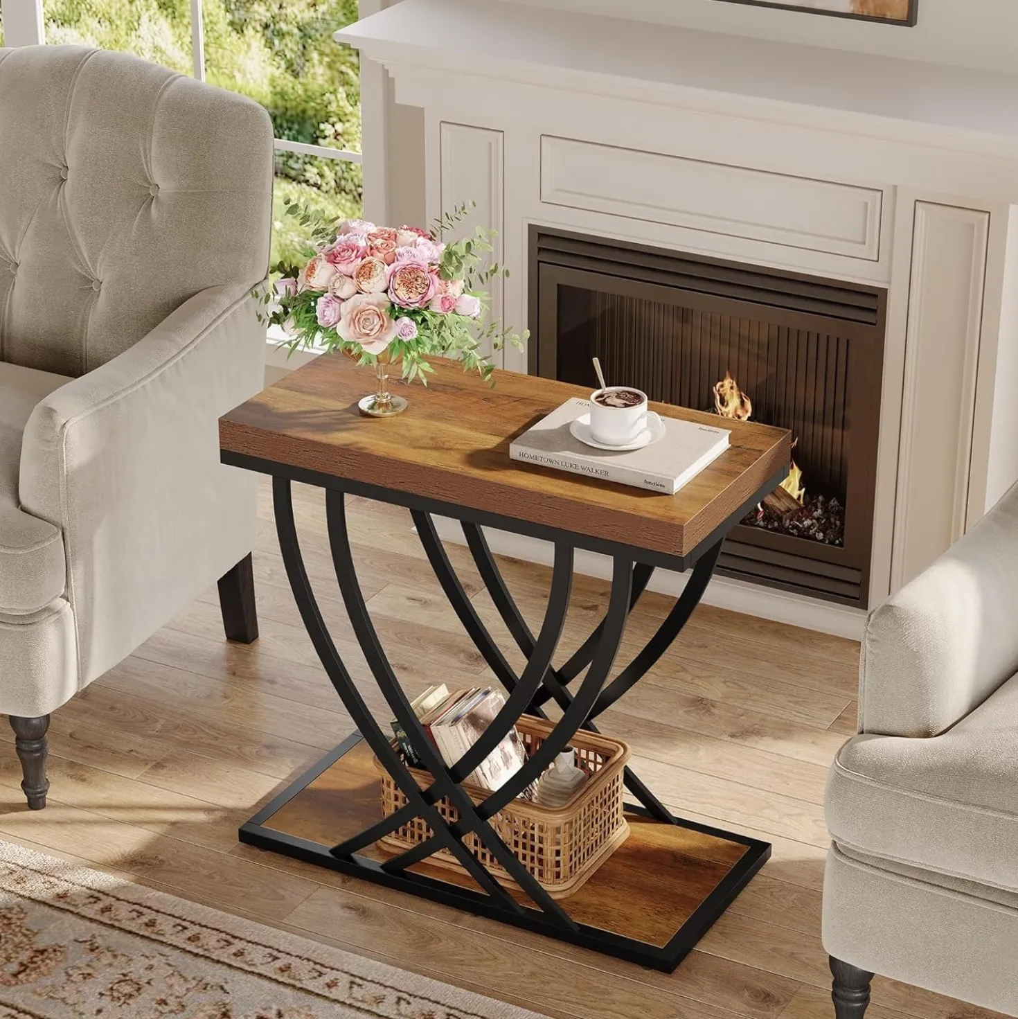 2-Tier Narrow End Table, 23.62" Side Table with Metal Frame for Living Room