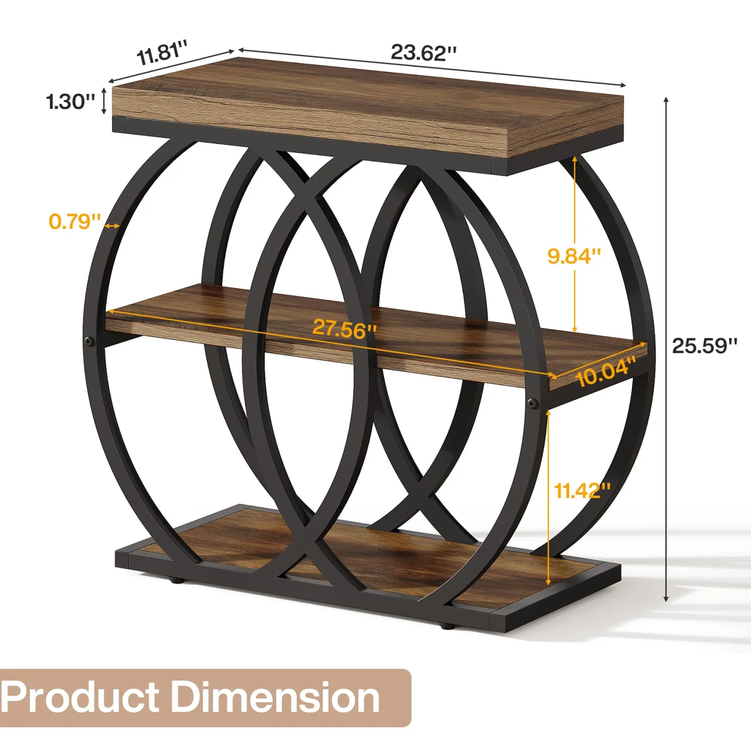 3-Tier Narrow End Table, Industrial Side Table with Metal Frame for Small Spaces