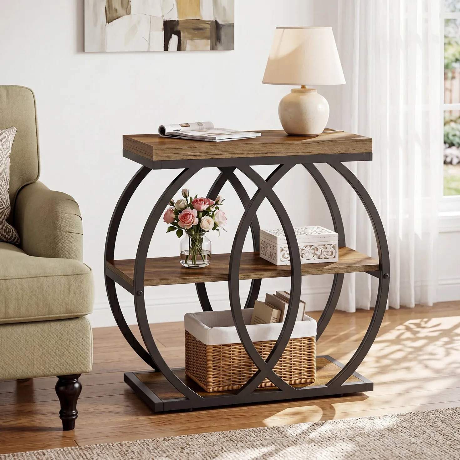 3-Tier Narrow End Table, Industrial Side Table with Metal Frame for Small Spaces