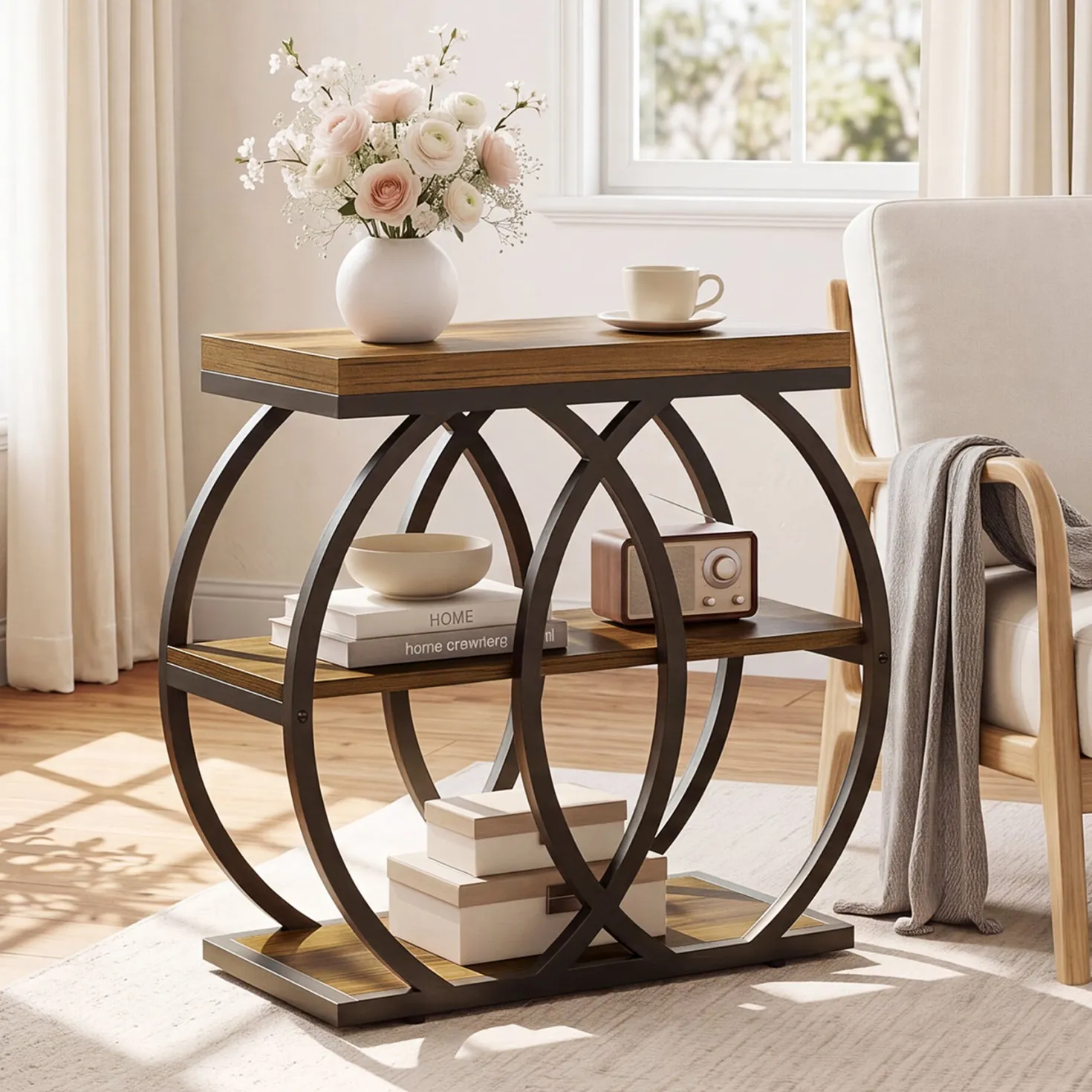 3-Tier Narrow End Table, Industrial Side Table with Metal Frame for Small Spaces