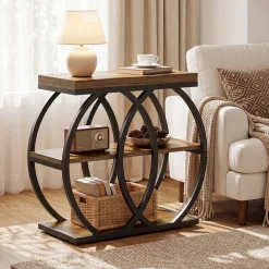 3-Tier Narrow End Table, Industrial Side Table with Metal Frame for Small Spaces