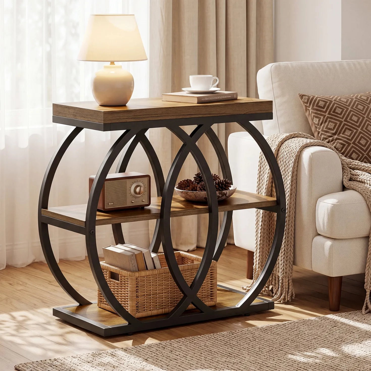 3-Tier Narrow End Table, Industrial Side Table with Metal Frame for Small Spaces