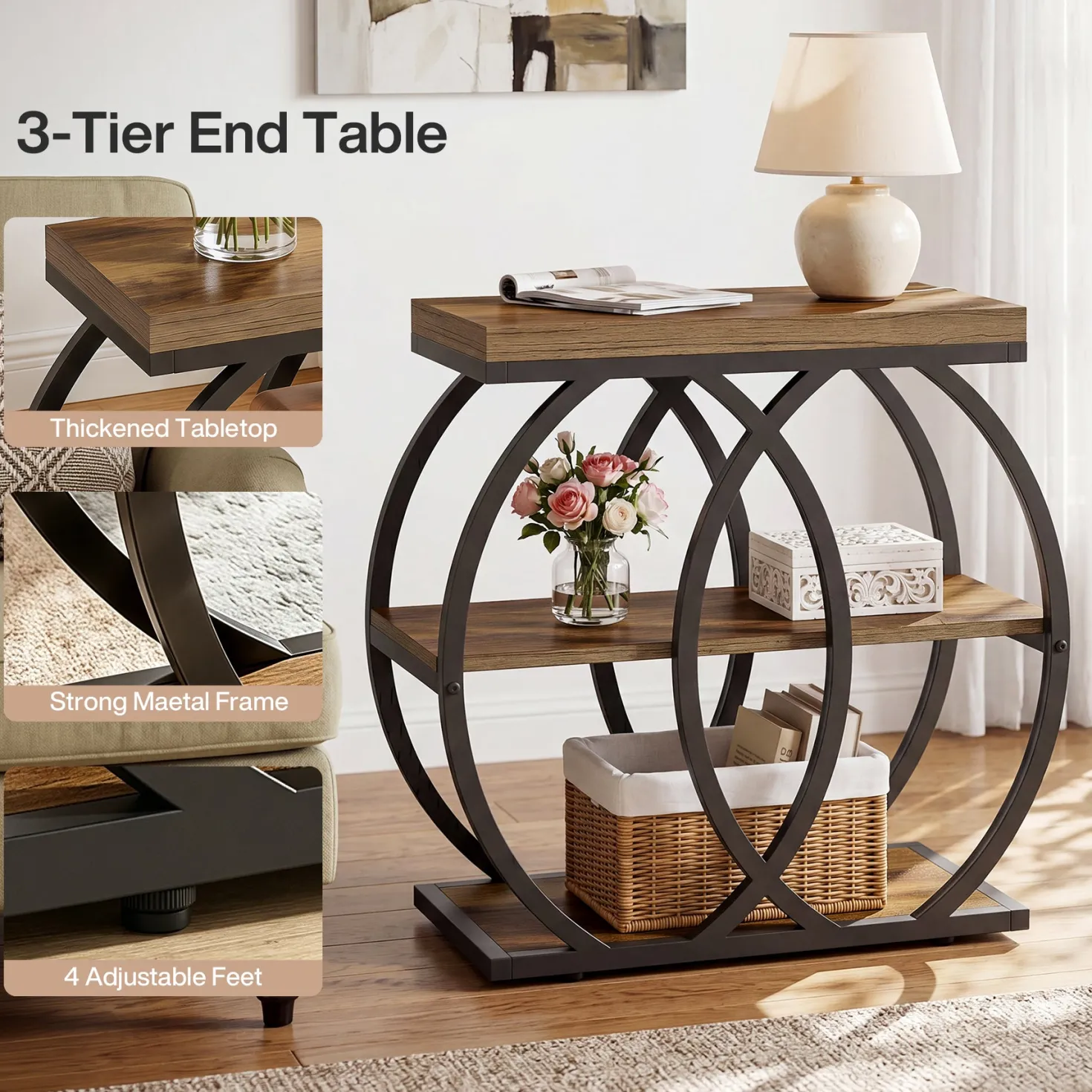3-Tier Narrow End Table, Industrial Side Table with Metal Frame for Small Spaces