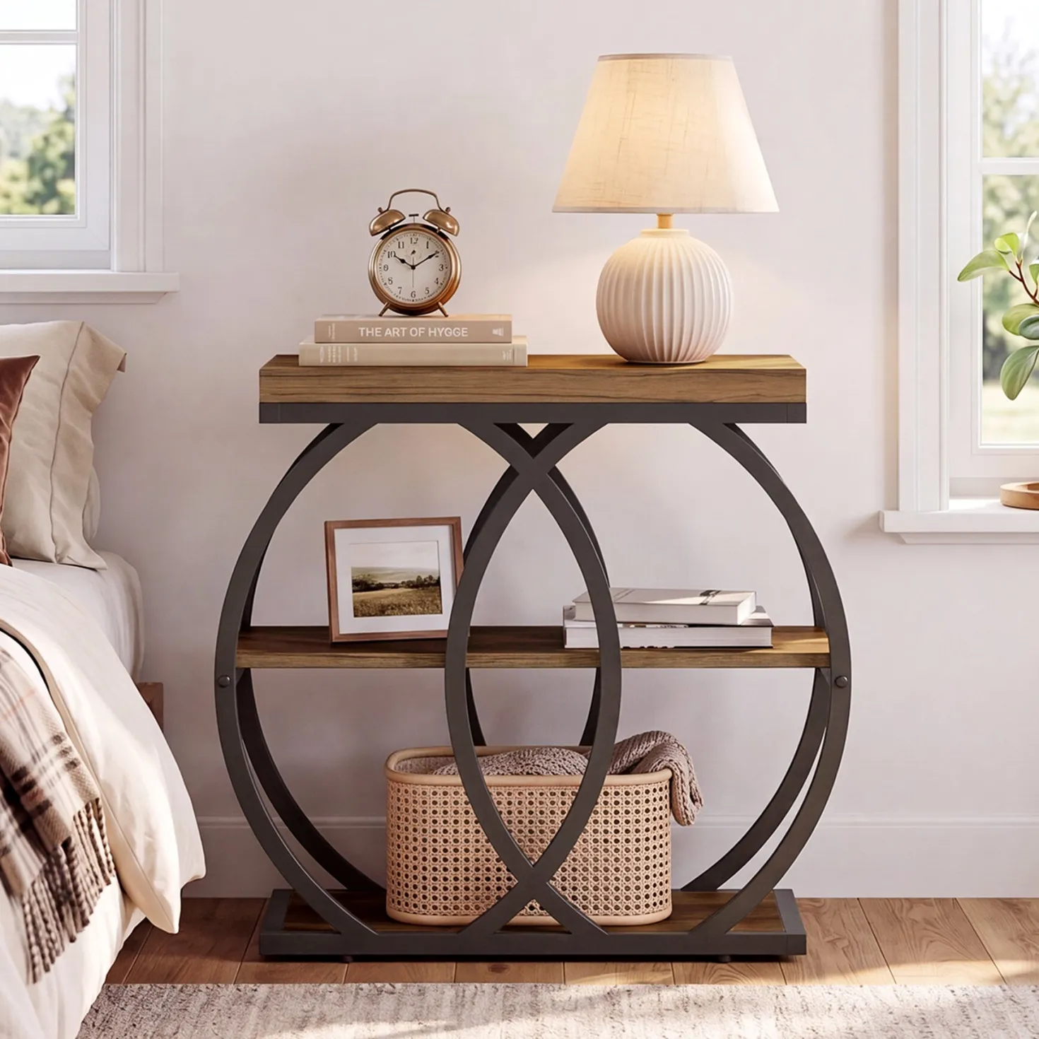 3-Tier Narrow End Table, Industrial Side Table with Metal Frame for Small Spaces